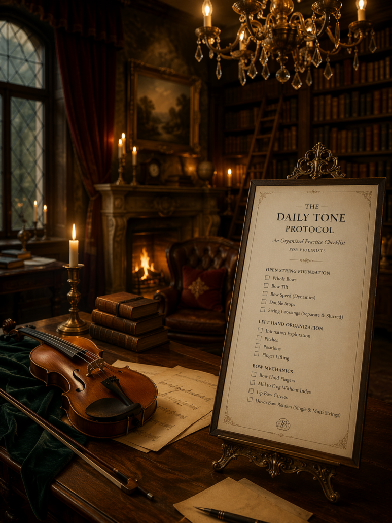 Violin resting on a table in an old European library with candlelight, chandelier, and fireplace, beside a displayed Daily Tone Protocol checklist for violin practice.